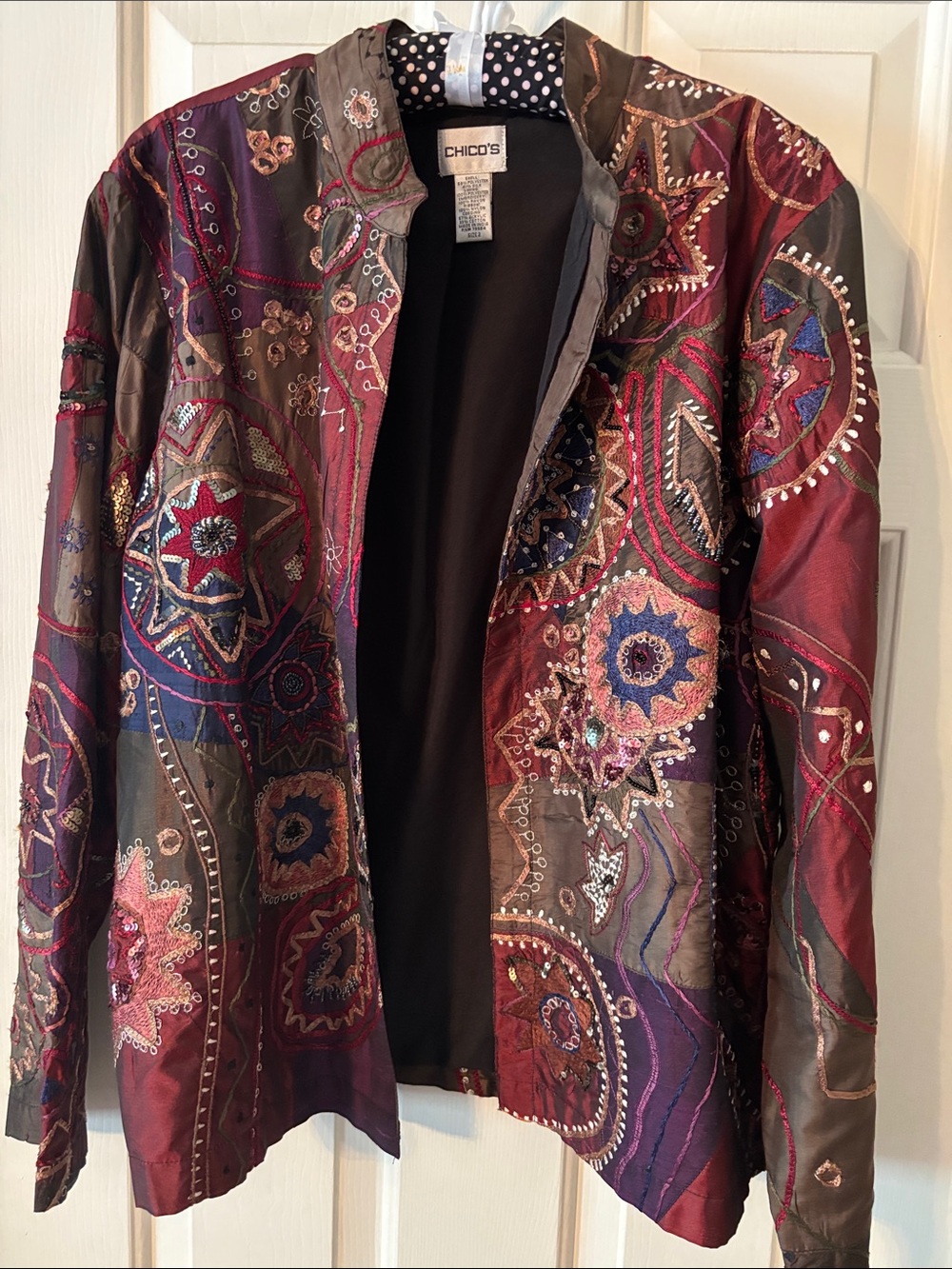 Chico's Embroidered Maroon and Olive Open-Front Jacket